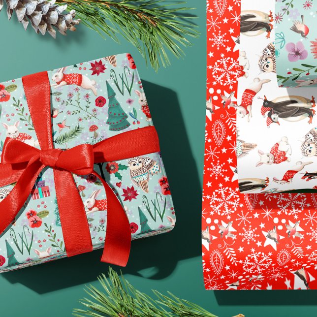 Winter Woodland Blaue und rote Tiere Waldmuster Geschenkpapier Set (Cute woodland animals and Penguins Christmas Holiday wrapping paper)