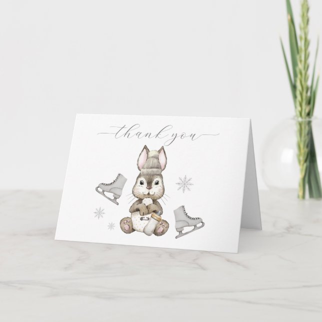 Winter Woodland Bunny Ice Skate Baby Shower  Dankeskarte (Vorderseite)