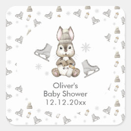 Winter Woodland Bunny Ice Skate Baby Shower Quadratischer Aufkleber