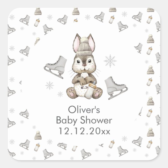 Winter Woodland Bunny Ice Skate Baby Shower  Quadratischer Aufkleber (Vorderseite)