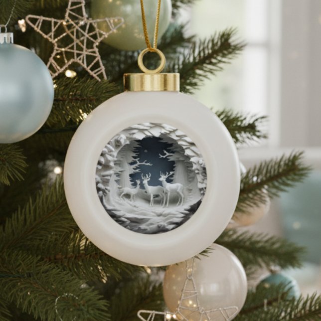 Winter Woodland Deer Christmas Ornament (chic elegant 3D effect winter wonderland woodland deer Christmas tree ornament)