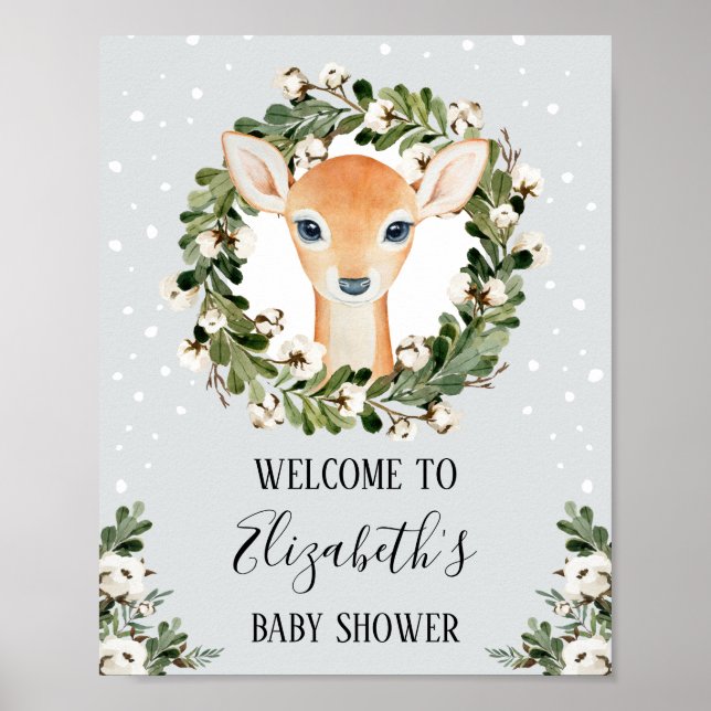 Winter Woodland Deer Forest Fawn Baby Dusche Party Poster (Vorne)