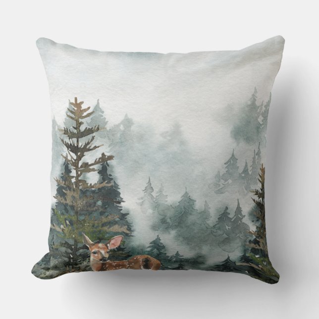 Winter Woodland Foggy Mountain Forest Doer Deer Kissen (Vorderseite)