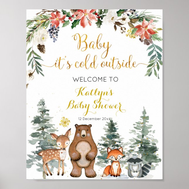 Winter Woodland Forest Baby Dusche Begrüßungszeich Poster (Vorne)