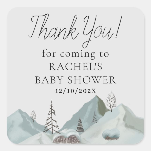 Winter Woodland Forest Baby Dusche Danke Quadratischer Aufkleber (Vorderseite)