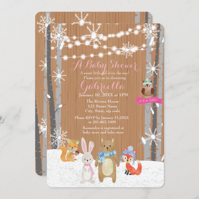 Winter Woodland Forest Baby Dusche Einladung (Vorne/Hinten)