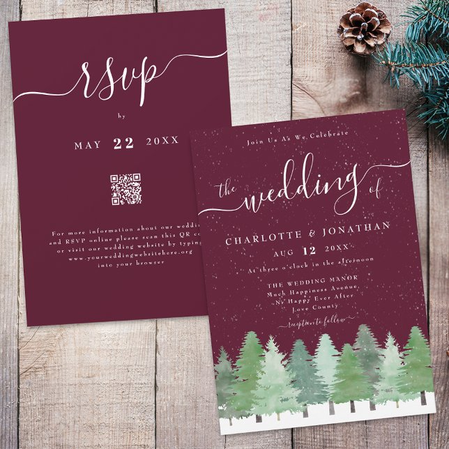 Winter Woodland Forest Burgundy Wedding Qr Code Einladung (Winter Woodland forest watercolor sage green and white wedding qr code invitation Elegant romantic)