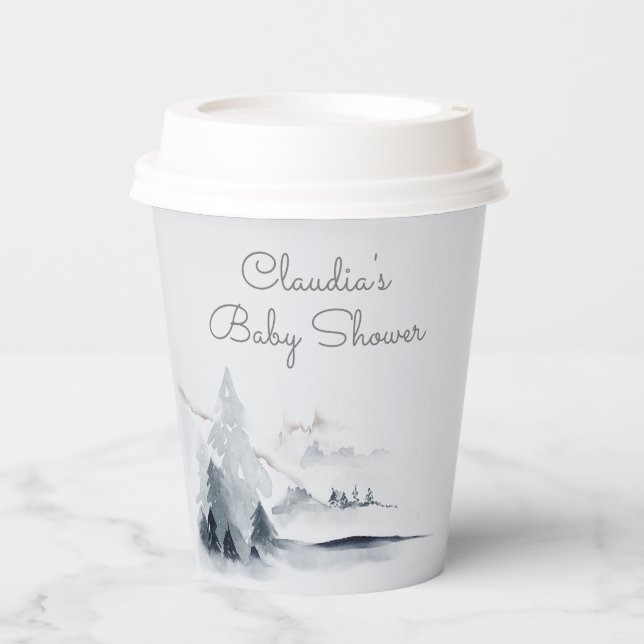 Winter Woodland Forest Modern Script Baby Dusche Pappbecher (Vorderseite)