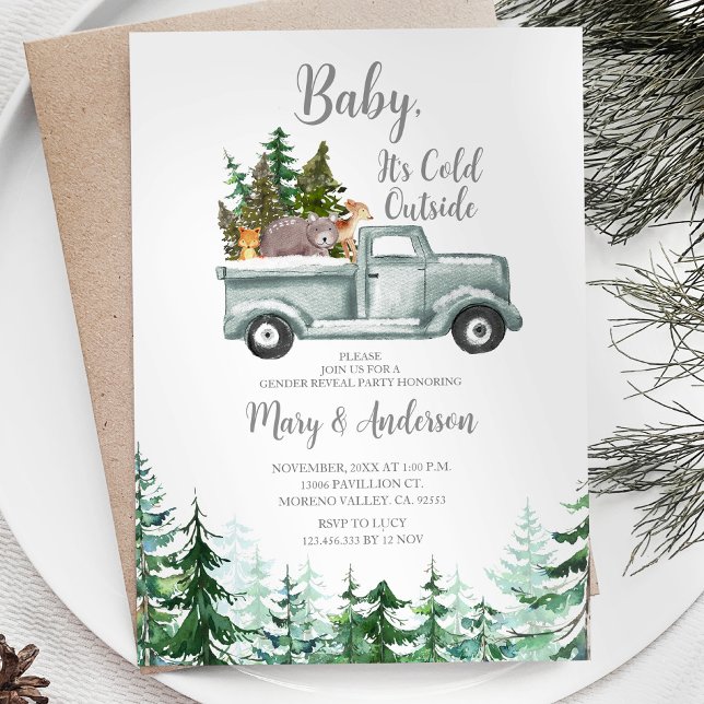 Winter Woodland Forest Truck Animal Gender Reveal Einladung (Von Creator hochgeladen)