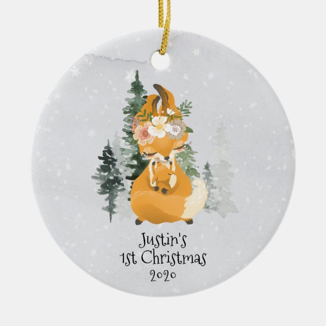 Winter Woodland Fox Mama Baby 1. Weihnachten Keramik Ornament (Vorne)