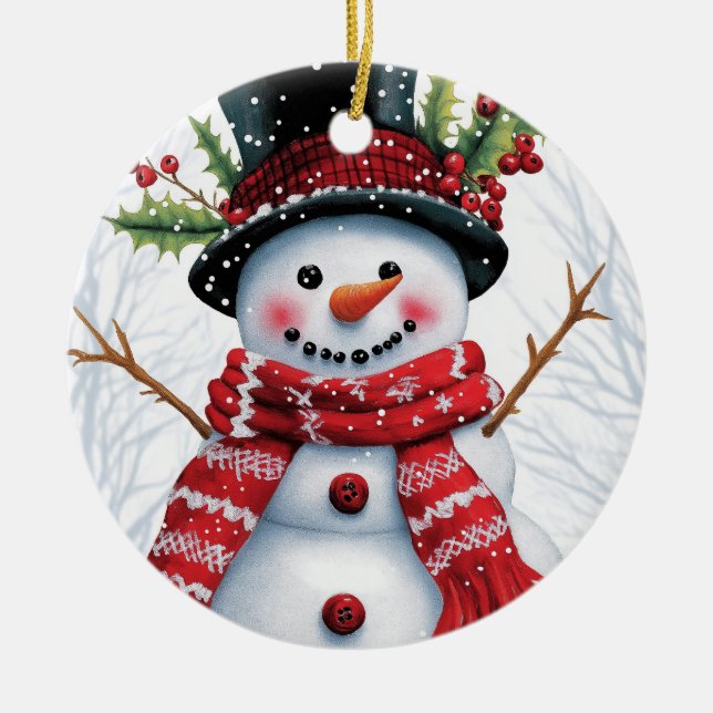 Winter Woodland Friends | Feierlicher Schneemann Keramik Ornament (Vorne)