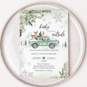Winter Woodland Green Truck Baby Dusche Einladung