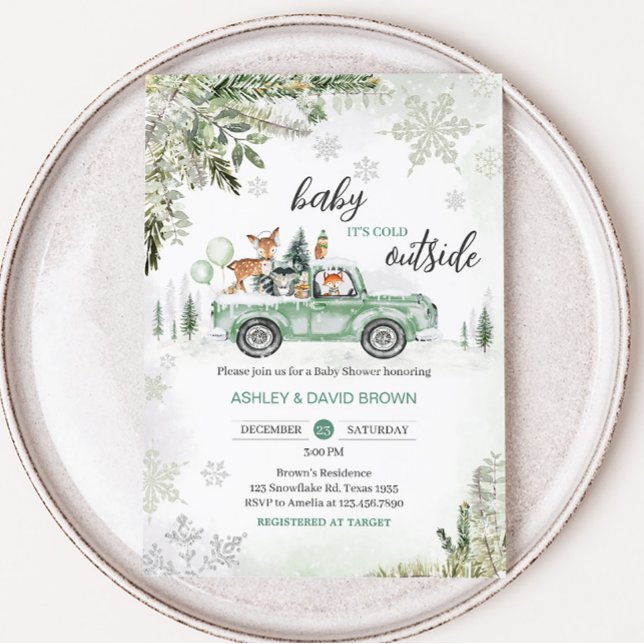 Winter Woodland Green Truck Baby Dusche Einladung (Sage Green Winter Truck Baby Shower Invitation)