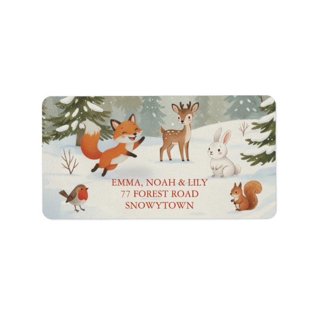 Winter Woodland Merry Christmas Forest Animals Adressaufkleber (Vorne)