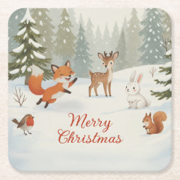 Winter Woodland Merry Christmas Forest Animals Rechteckiger Pappuntersetzer