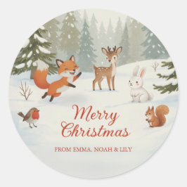 Winter Woodland Merry Christmas Forest Animals Runder Aufkleber