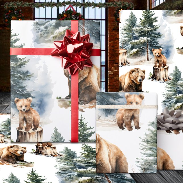 Winter Woodland Mother & Cub Grizzly Bärenland Geschenkpapier (Winter Woodland Mother & Cub Grizzly Bear Country Wrapping Paper Rolls)