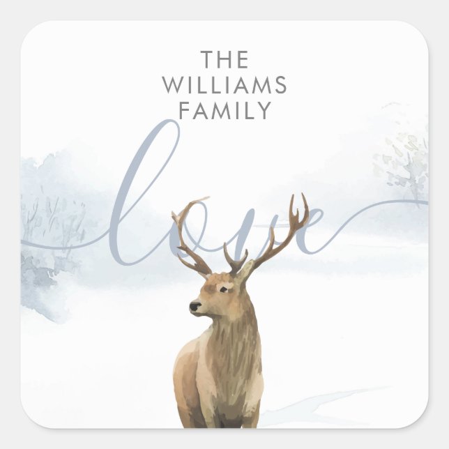 Winter Woodland Scene Stag Quadratischer Aufkleber (Vorderseite)