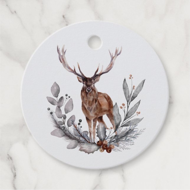 Winter Woodland Stag Moderne Script Baby Dusche Geschenkanhänger (Vorderseite)