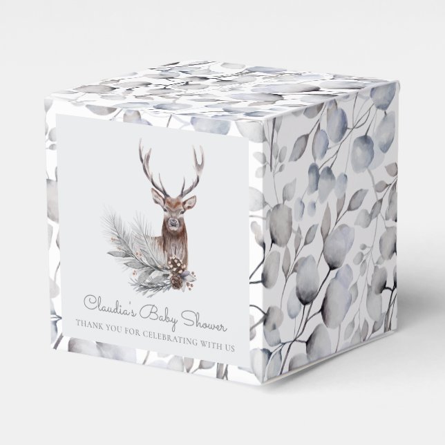 Winter Woodland Stag Moderne Script Baby Dusche Geschenkschachtel (Vorderseite)