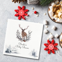 Winter Woodland Stag Moderne Script Baby Dusche