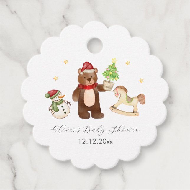 Winter Woodland Teddy Bear Snowman Baby Shower Geschenkanhänger (Vorderseite)