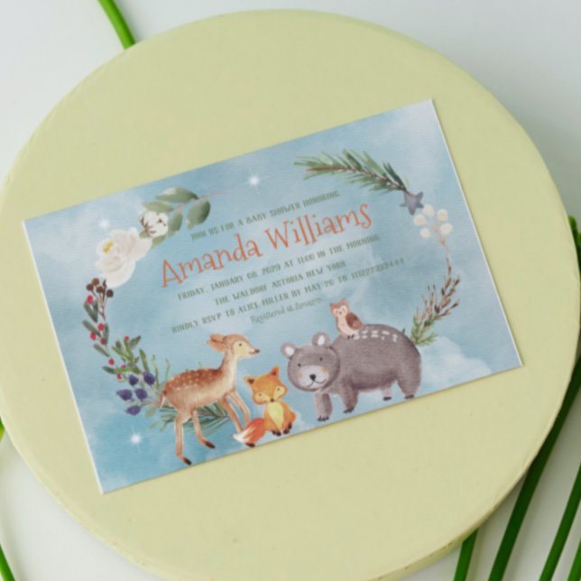 Winter Woodland Tiere Berries Pine Cotton Baby Einladung (Von Creator hochgeladen)