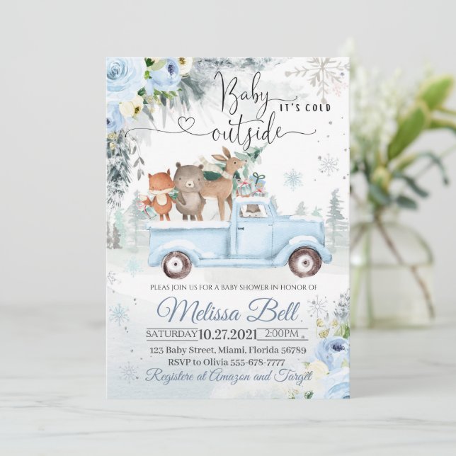 Winter Woodland Tiere Blue Truck Snowy Baby Show Einladung (Stehend Vorderseite)