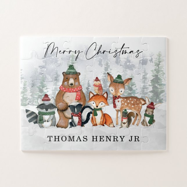 Winter Woodland Tiere Frohe Weihnachtsfeiertage Puzzle (Horizontal)