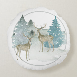 Winter Woodland Wasserfarbe Weihnachten Hirsch Rundes Kissen