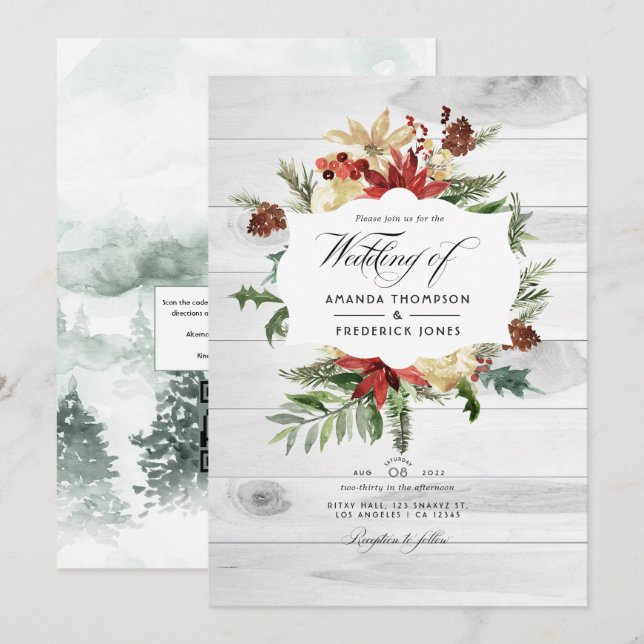 Winter Woodland Weihnachten Rustikaler QR-Code Hoc Einladung (Vorne/Hinten)