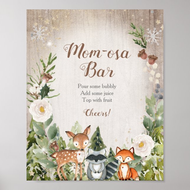 Winter Woodland White Floral Girl Momosa Bar Sign Poster (Vorne)
