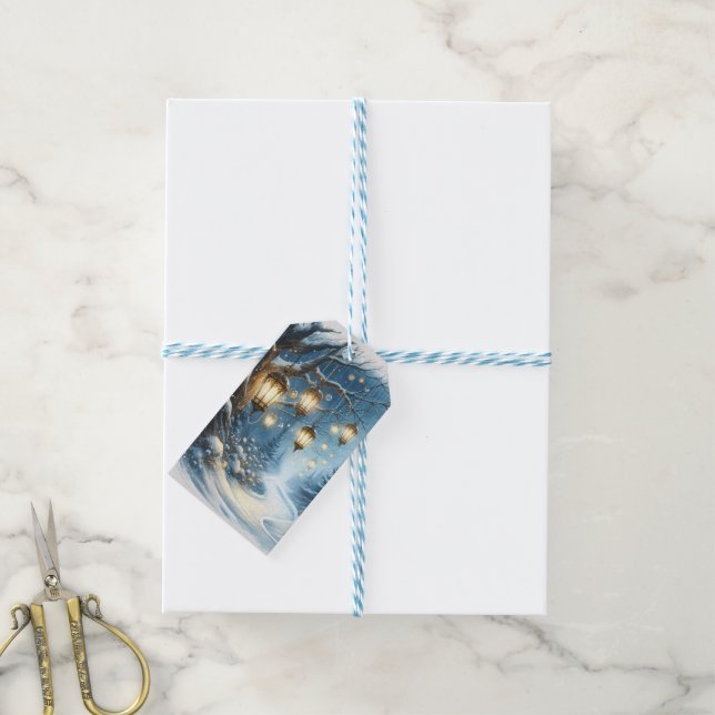 Winter Woods Blue Scene Weihnachten Geschenkanhänger (Mit Garn)