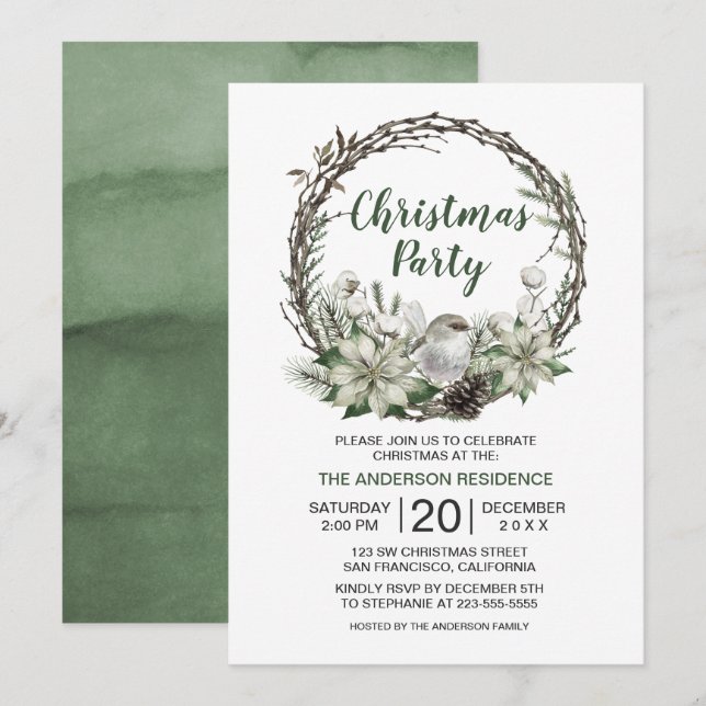 Winter Wreath Poinsettia & Bird Weihnachten Einladung (Vorne/Hinten)