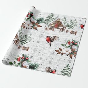 Winter-Wunder-Hütte-Wald-Vogel-Vintage Geschenkpapier