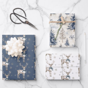 Winter-Wunderland Blaue Hirsche Schneeflocken Weih Geschenkpapier Set