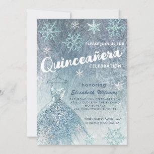 Winter Wunderland blaues Kleid glittery Quinceañer Einladung