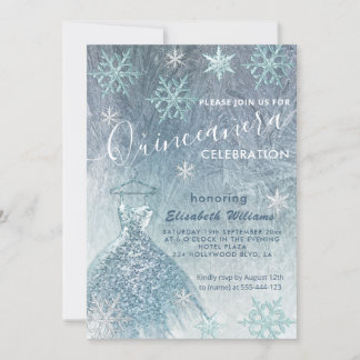 Winter Wunderland blaues Kleid glittery Quinceañer Einladung