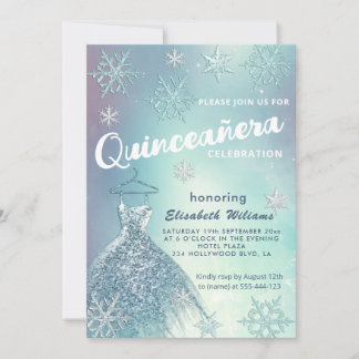 Winter Wunderland blaues Kleid glittery Quinceañer Einladung