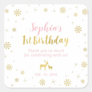Winter Wunderland, Custom Gold, Rosa 1. Geburtstag Quadratischer Aufkleber