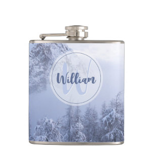 Winter Wunderland Nebel Fichtenwald Schneemonogram Flachmann