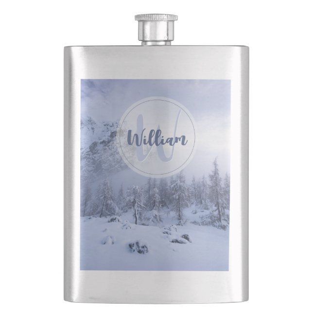 Winter Wunderland Nebel Fichtenwald Schneemonogram Flachmann (Vorderseite)