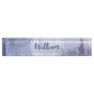 Winter Wunderland Nebel Fichtenwald Schneemonogram Namensplakette