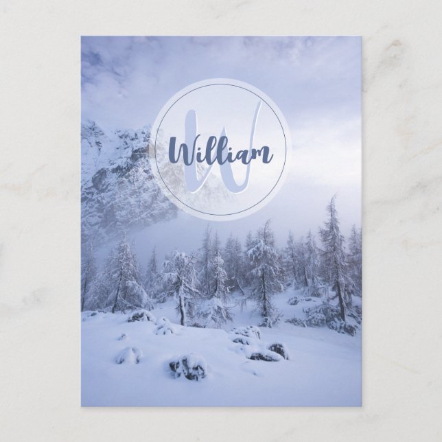 Winter Wunderland Nebel Fichtenwald Schneemonogram Postkarte (Vorderseite)