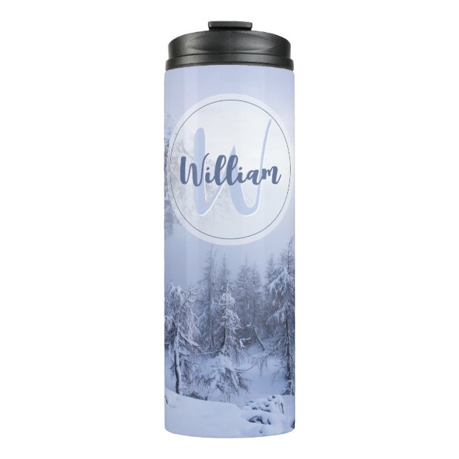 Winter Wunderland Nebel Fichtenwald Schneemonogram Thermosbecher (Vorderseite)