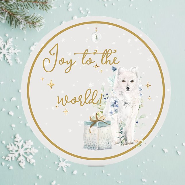 Winter Wunderland Schneeleucht Freude an der Welt Runder Aufkleber ("Joy to the World" winter wonderland Christmas greeting card. Watercolor in beautiful white wolf.)