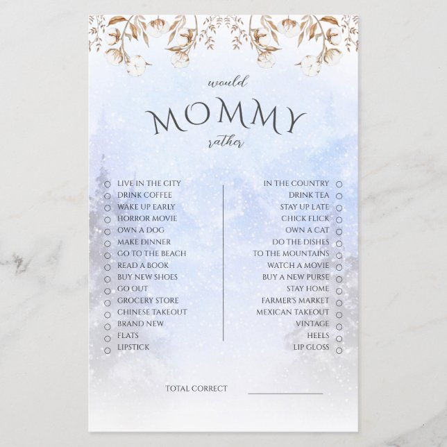 Winter würde Mommy eher Baby Shower Game (Vorderseite)