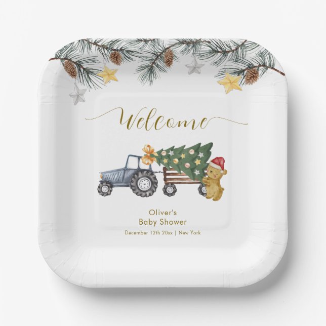 Winter X'mas Tree Tractor Bear Baby Shower Welcome Pappteller (Vorderseite)