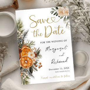 Winter-Zitrus-Hochzeit Save The Date Weihnachten Einladung