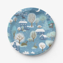 Winterabend Vintage Dorfmitte Pappteller